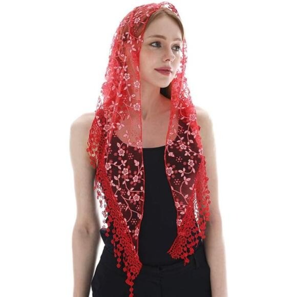 Accessories - Triangle Lace Mantilla Veil Tulle Scarf Red
